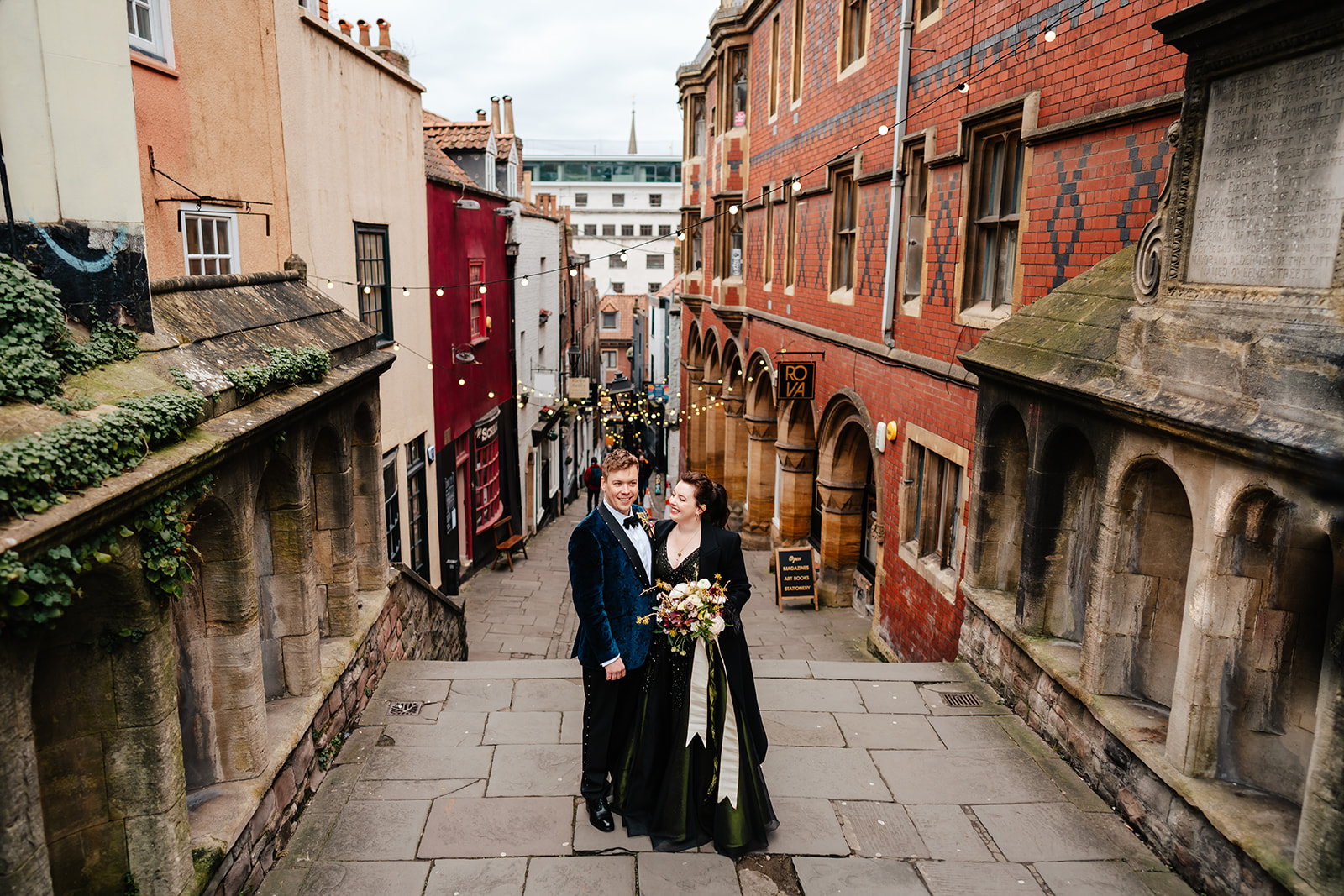 wedding couple on Christmas Steps in Bristol City Centre