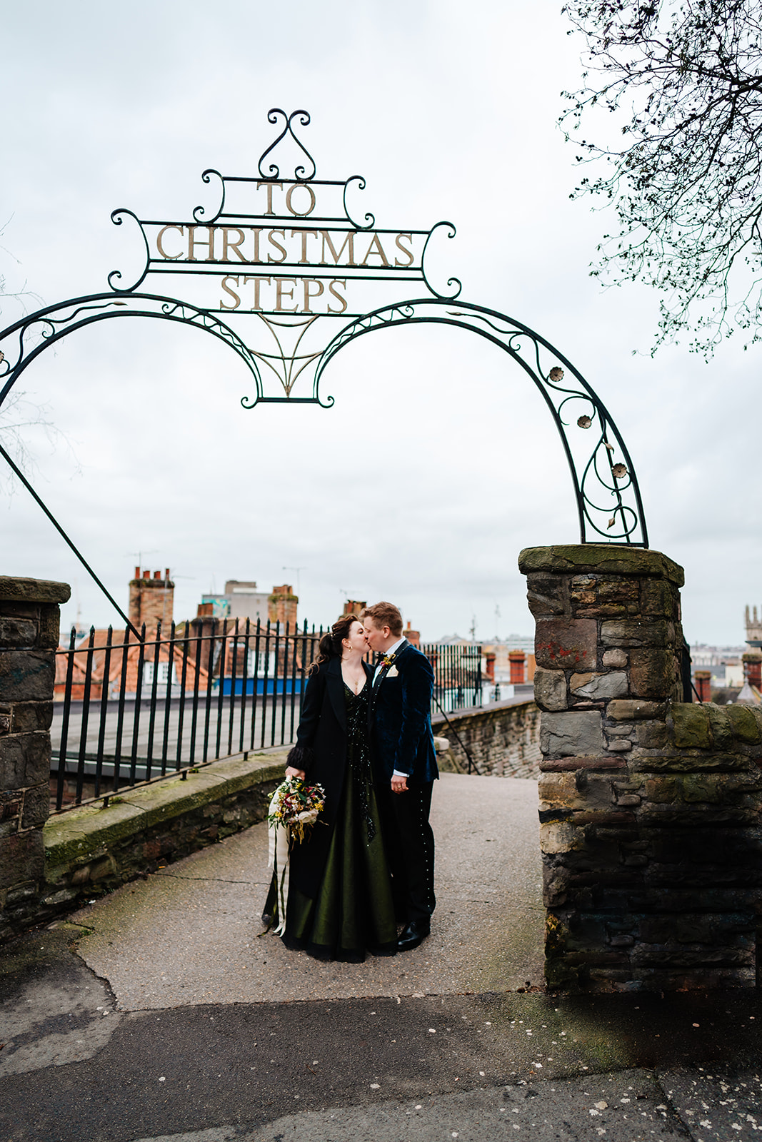 wedding couple by the Christmas Steps in bristol
