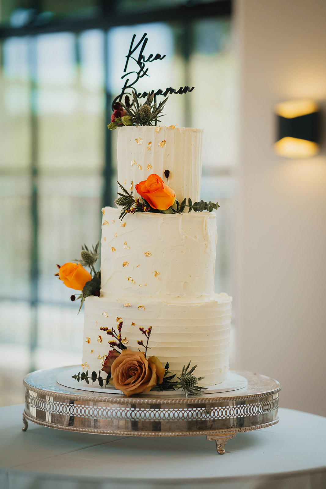 A three tiered wedding cake at the Pear Tree, Purton