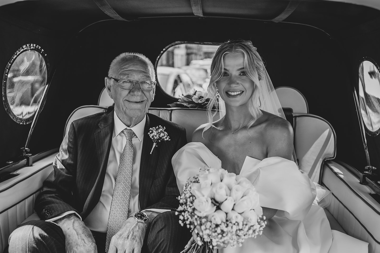 Photo of bride and her father in Christchurch Wedding Car in Dorset