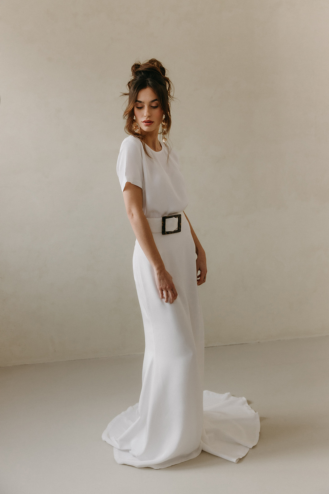 classy and minimal bridal t-shirt top and skirt with a belt
