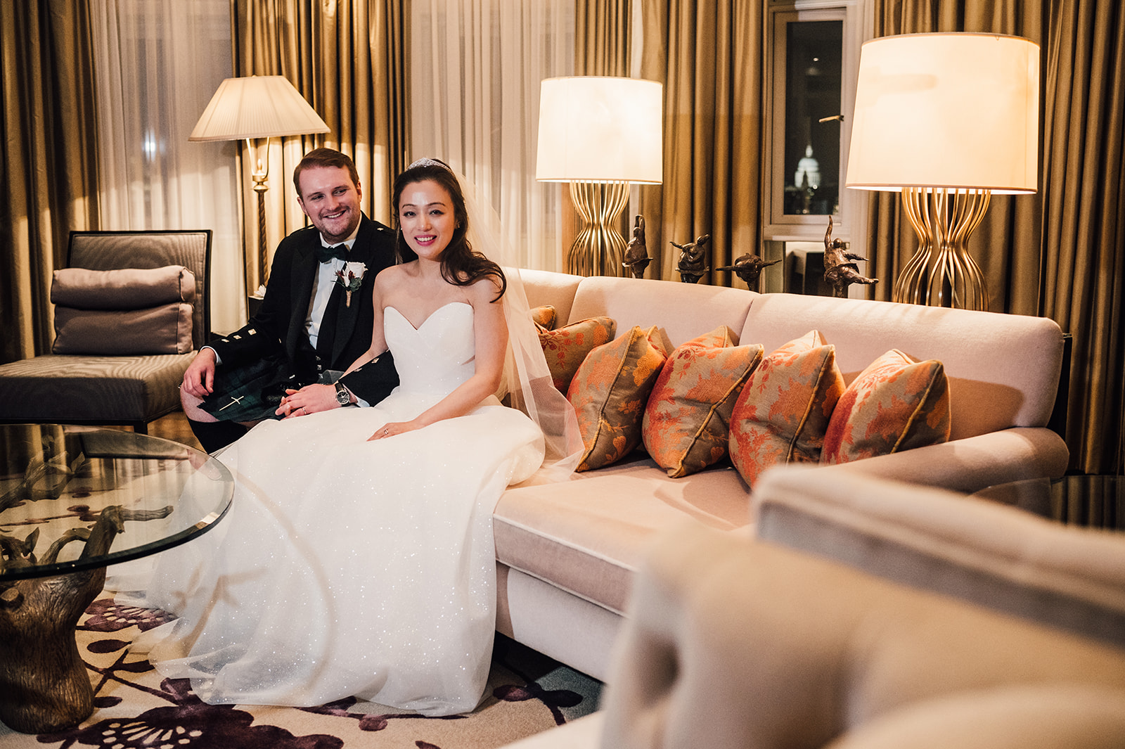 Bride and groom portrait in the President's suite at Corinthia, London