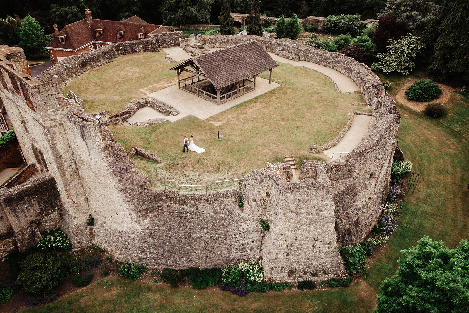 aerial drone photo of bride and groom Farnham Castle