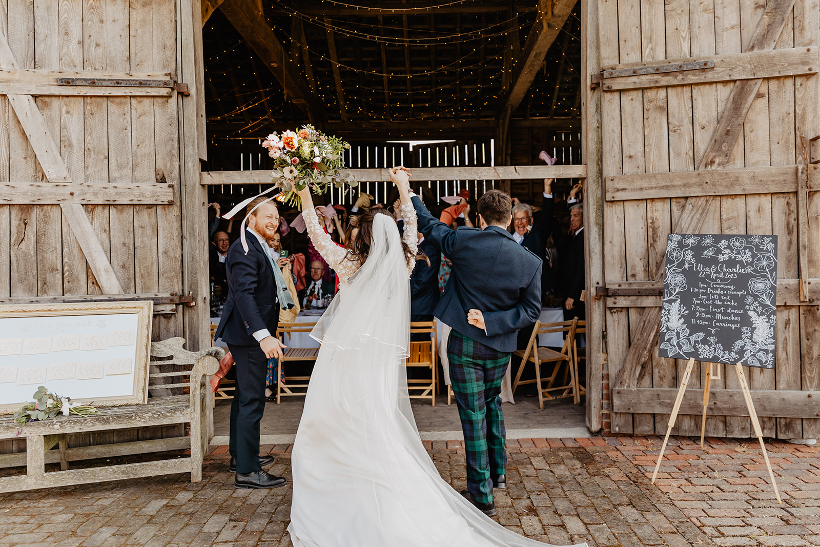 Bride and groom arrive at reception at a Secret Barn Wedding, West Sussex. By Olive Joy Photography