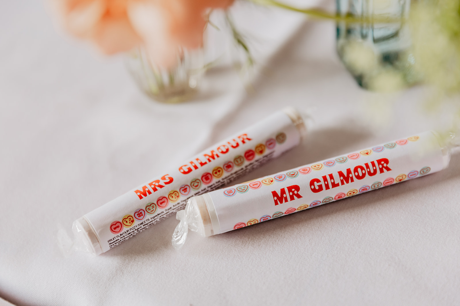 Personalised Love Heart sweets at a Secret Barn Wedding, West Sussex. By Olive Joy Photography