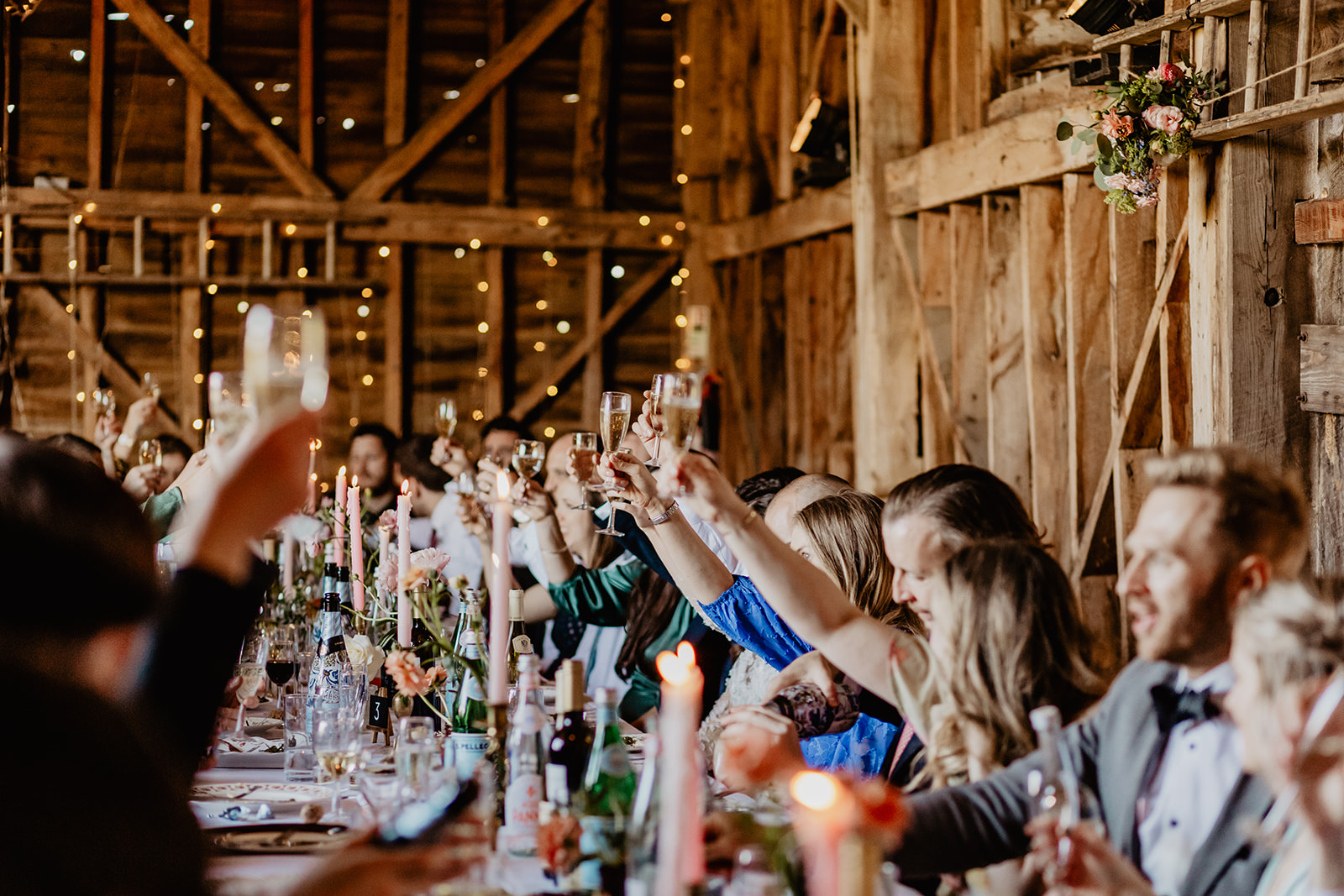 Wedding guests toast at a Secret Barn Wedding, West Sussex. By Olive Joy Photography
