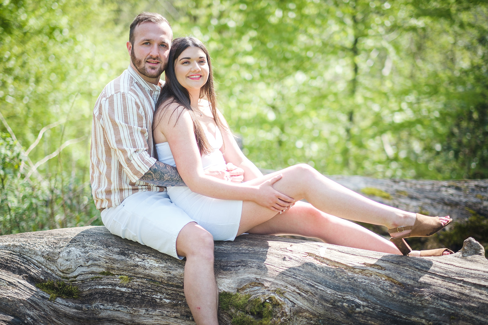 Engaged couple sitting on a fallen tree
