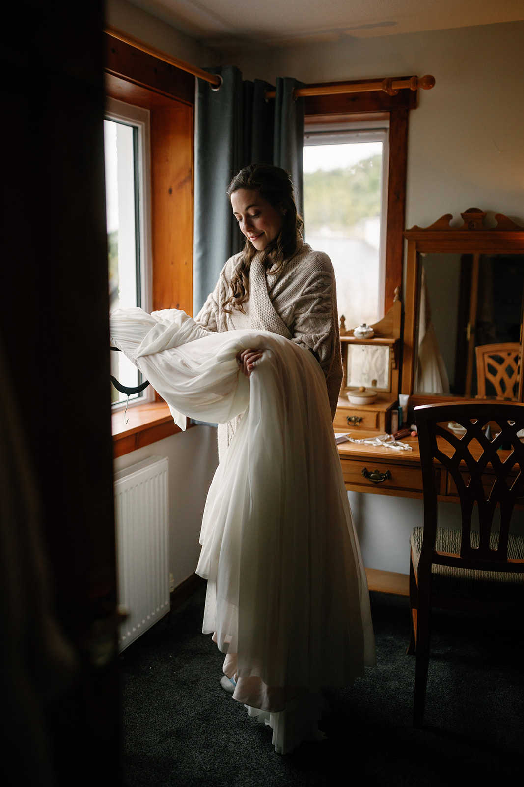 Bride Becca and her gorgeous dress for her Isle of Skye elopement ceremony