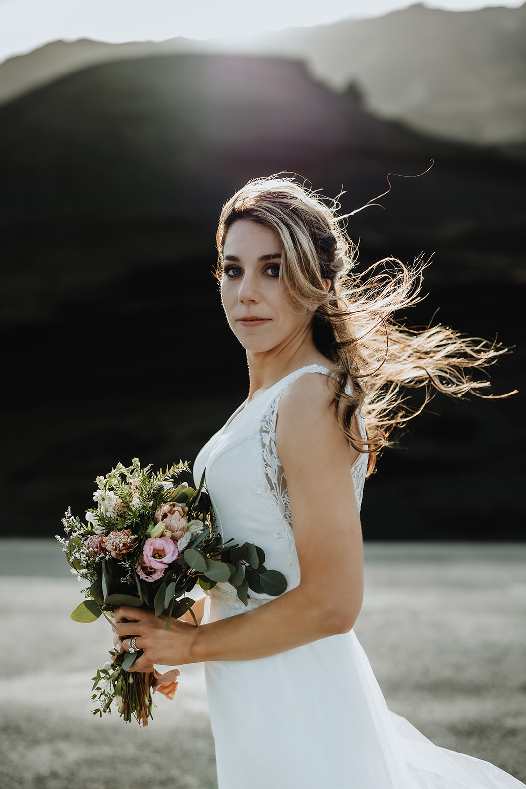 Bride portrait in the midnight sun in Iceland