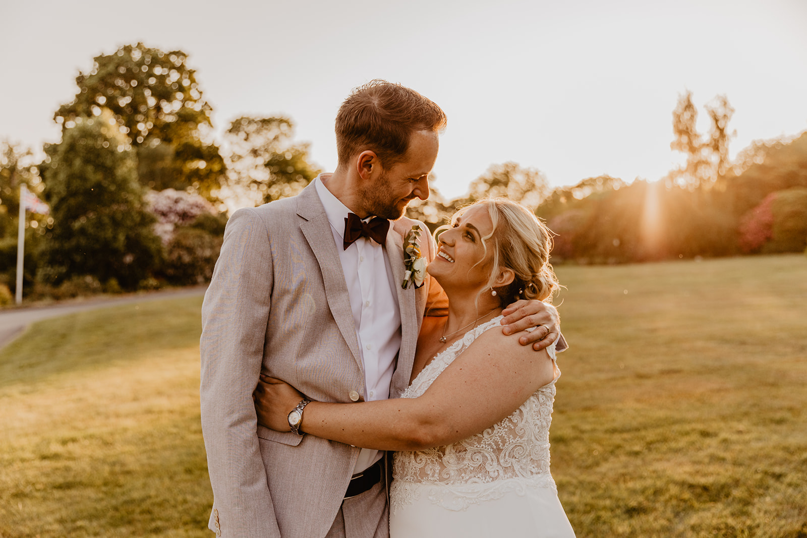 Bride and groom at golden hour at a South Lodge, Sussex Wedding. By Olive Joy Photography