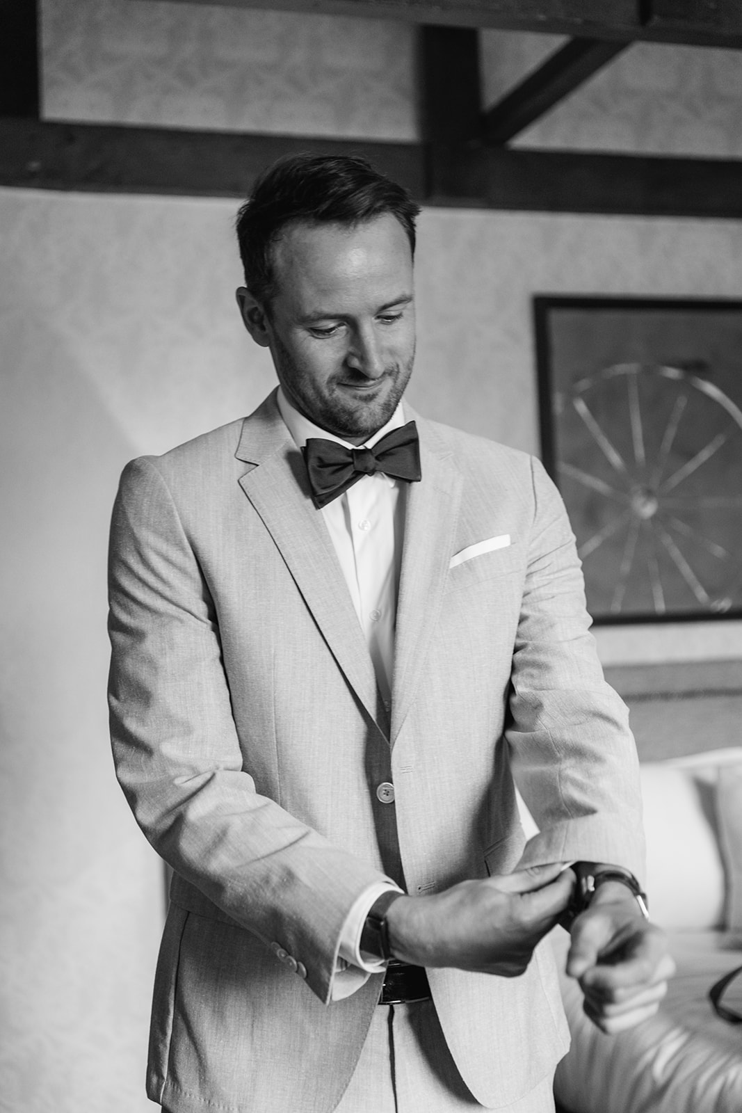 Groom preparing at a South Lodge, Sussex Wedding. By Olive Joy Photography