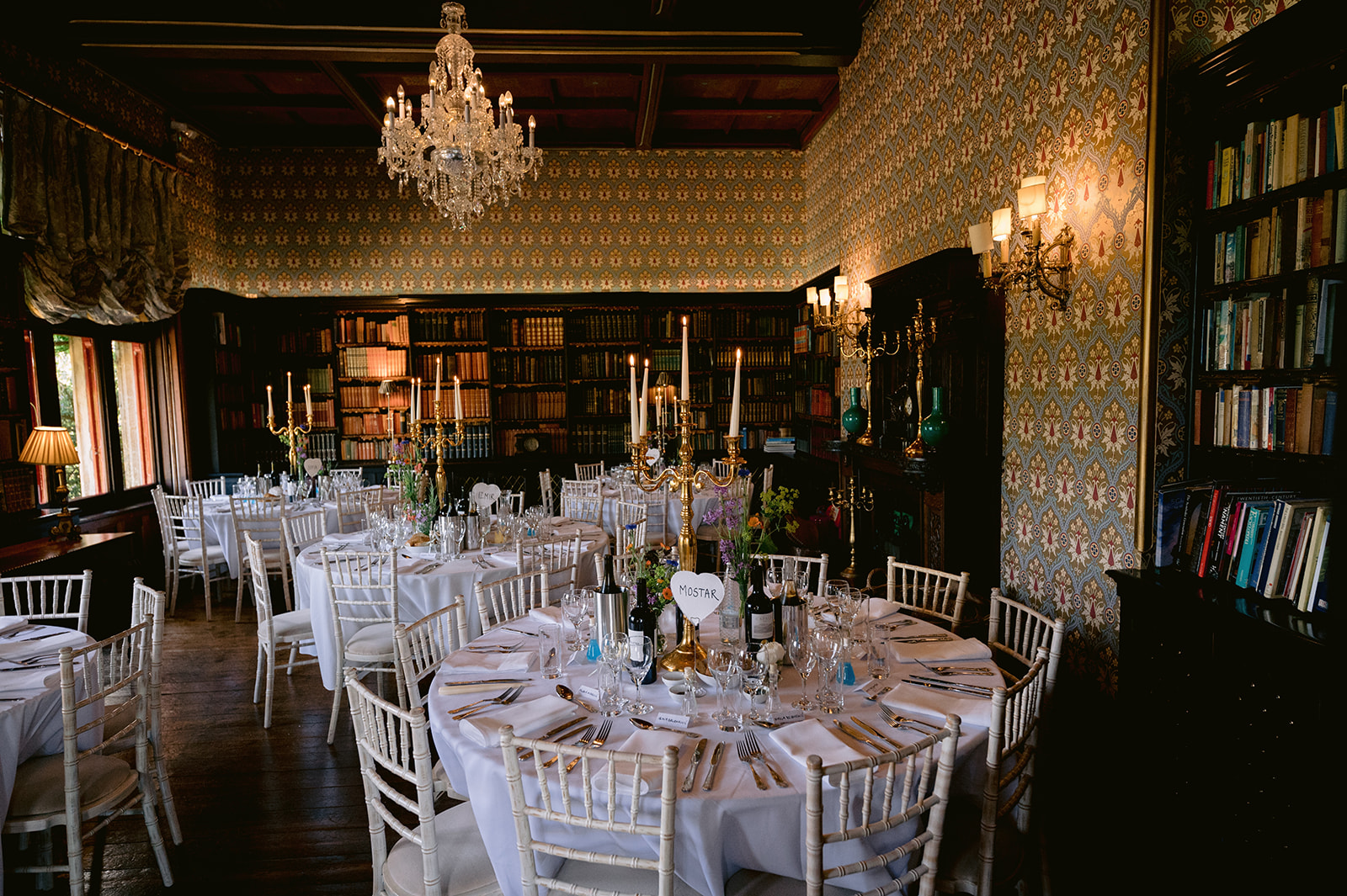 Elegant pre-wedding decor sets the scene at Huntsham Court castle, England.