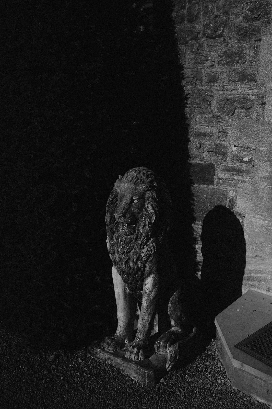 Lion statue on front door Huntsham Court castle, England