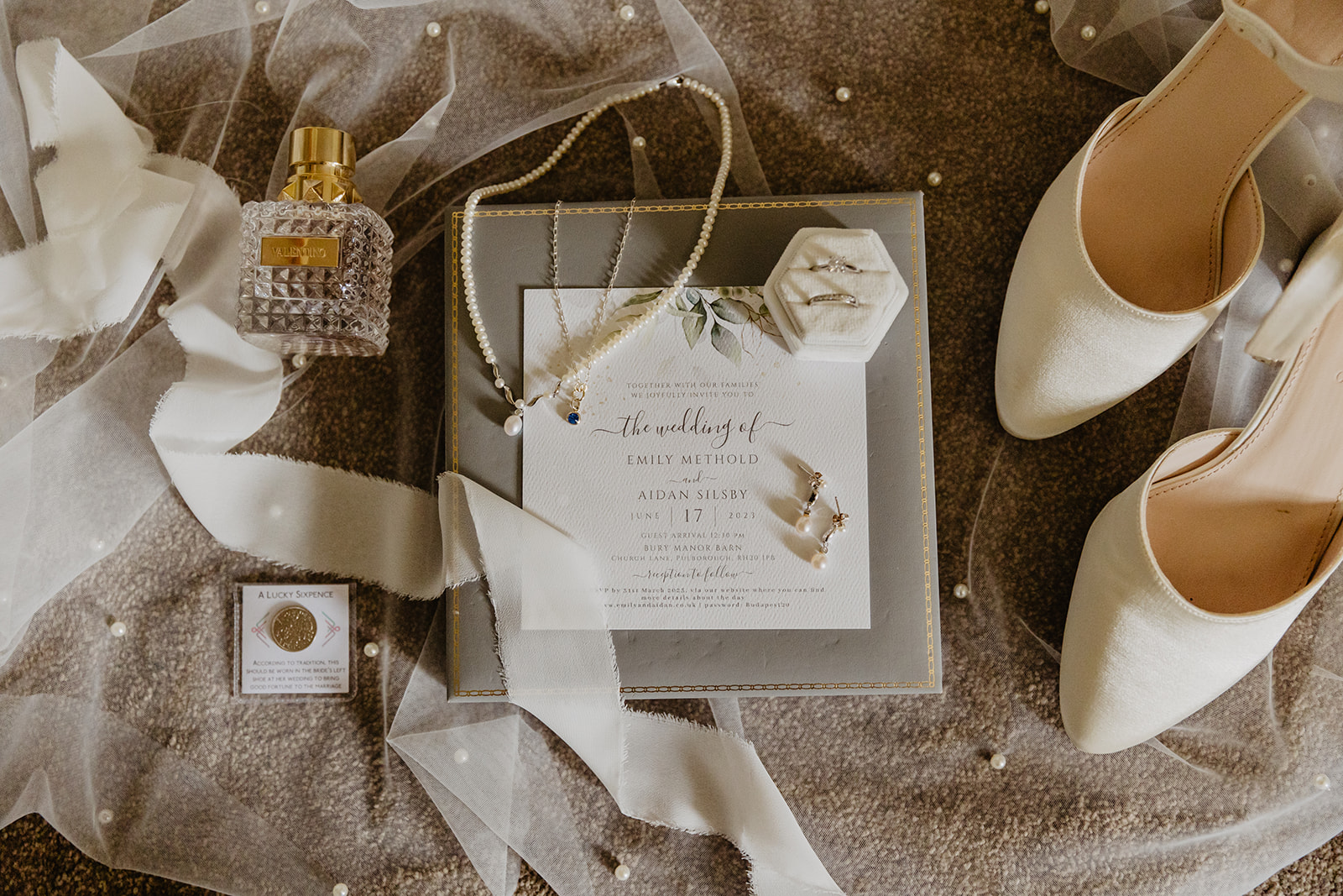 Bride accessory flatlay at a Bury Manor Barn Wedding in Sussex. Photographer OliveJoy Photography.