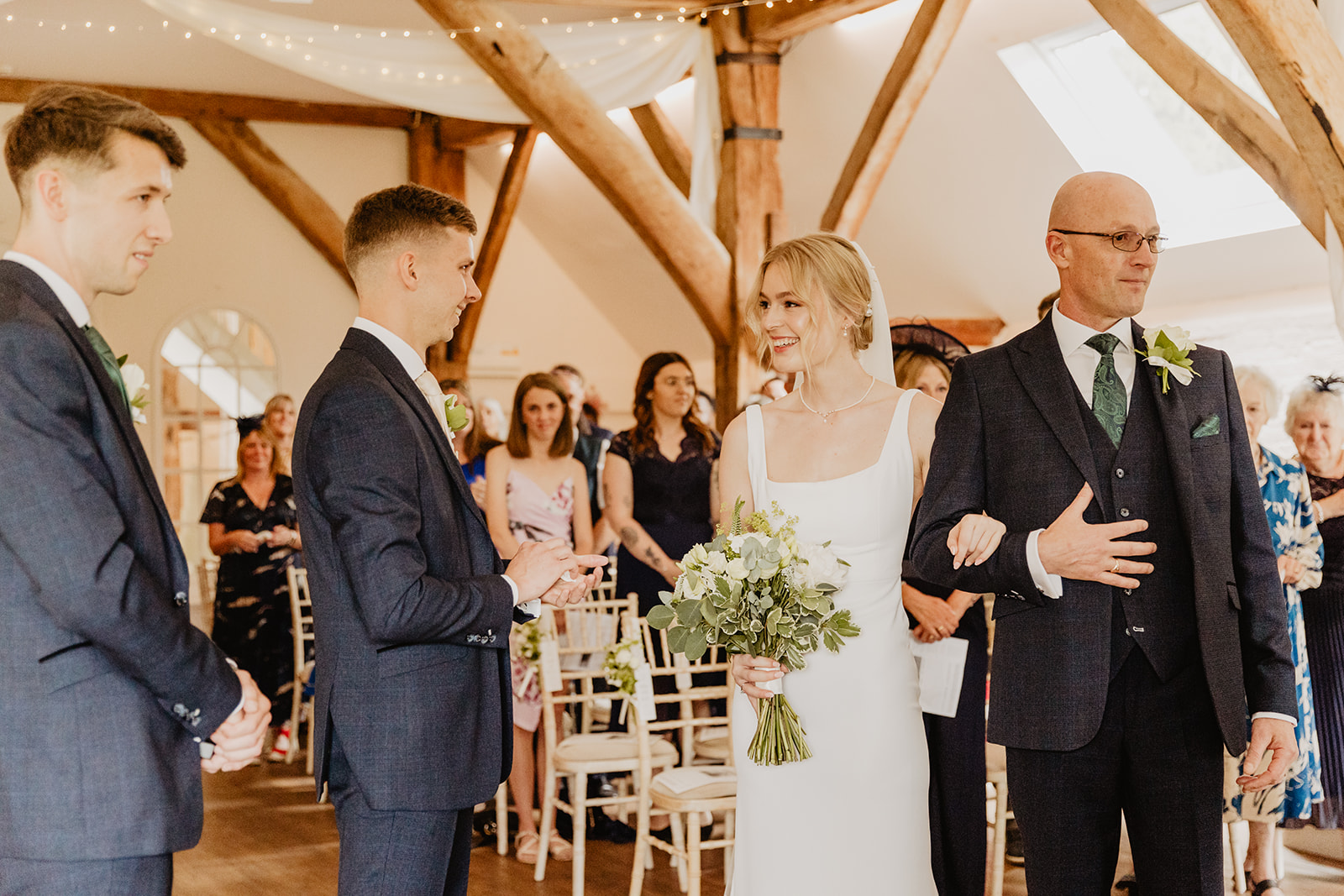 Bride and groom meet at a Bury Manor Barn Wedding in Sussex. Photographer OliveJoy Photography.
