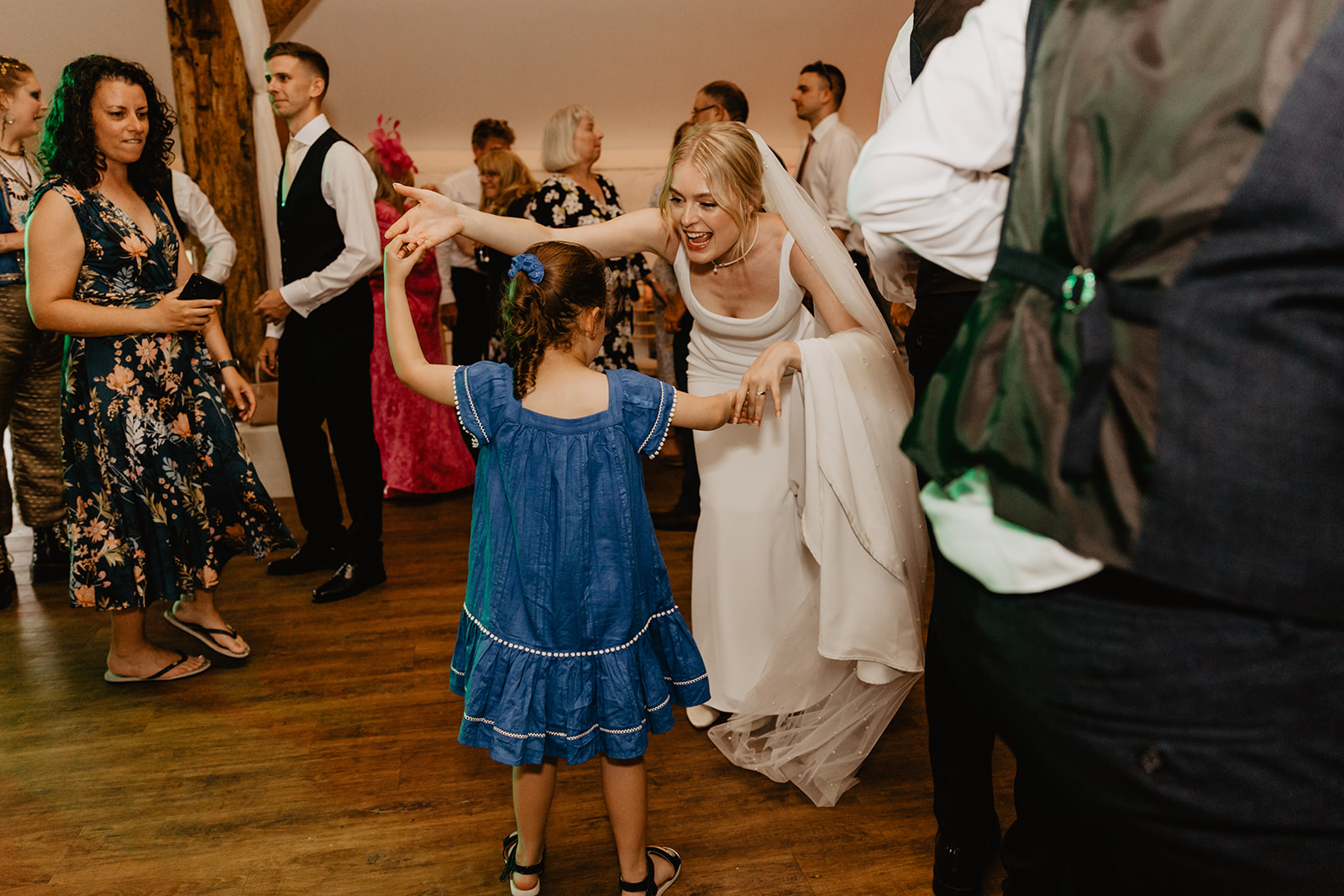 Evening dancing at a Bury Manor Barn Wedding in Sussex. Photographer OliveJoy Photography.