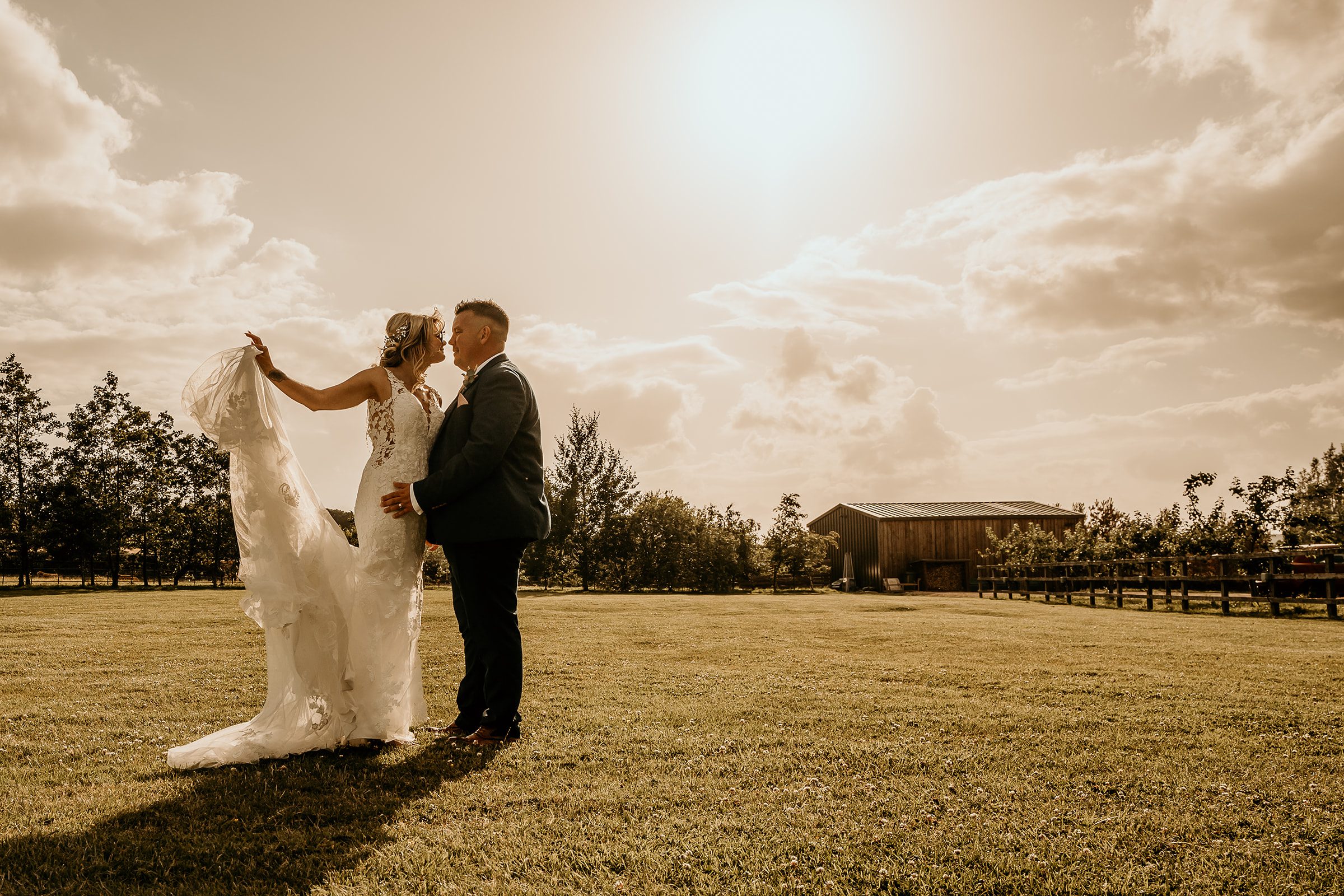 Bride and groom at Peak Edge Hotel during golden hour