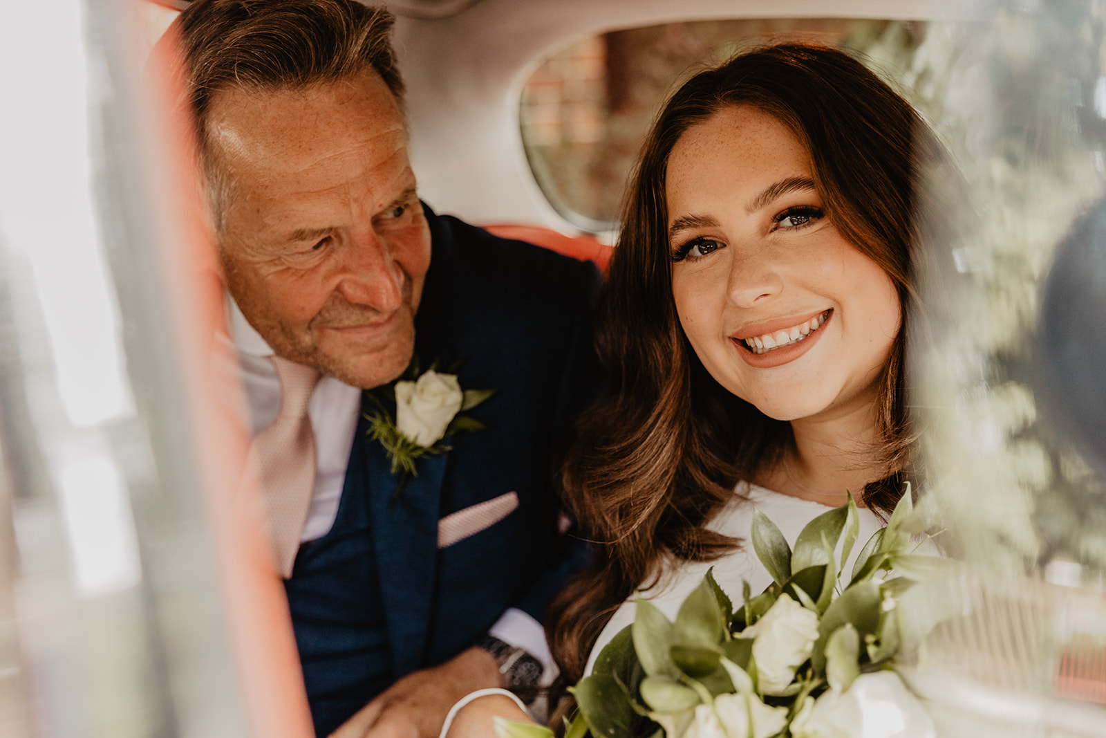 Bride and her father in her wedding car at a Field Place Manor House Wedding, Sussex. By Olive Joy Photography