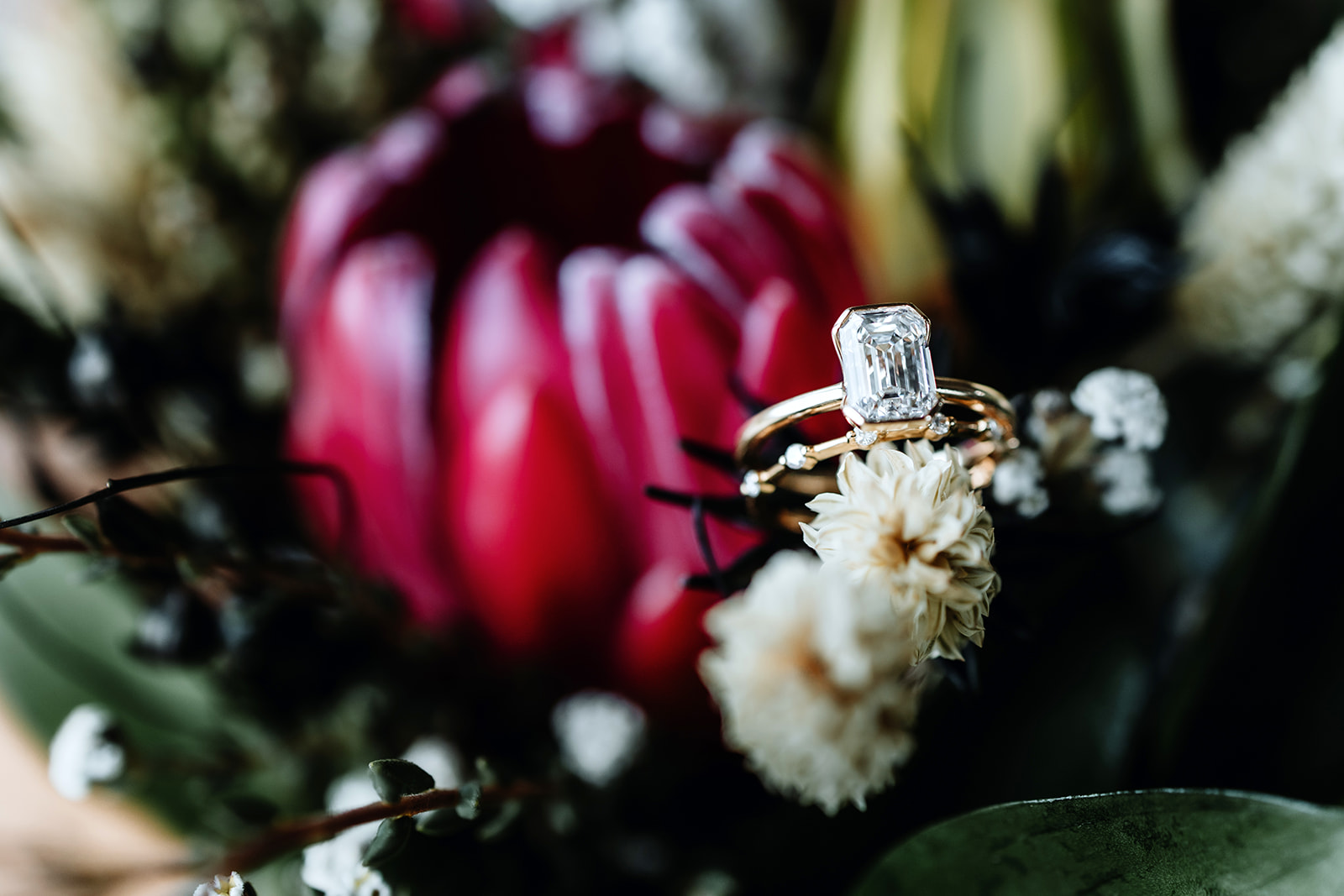 Detail shots of a wedding in Iceland. elopement bouquet. Wedding bouquet and wedding ring shot