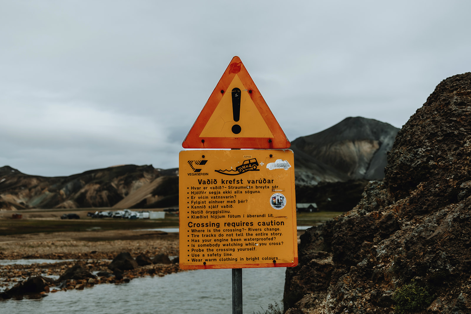 Warning sign in Landmannalaugar. Iceland elopement and Wedding Photographer