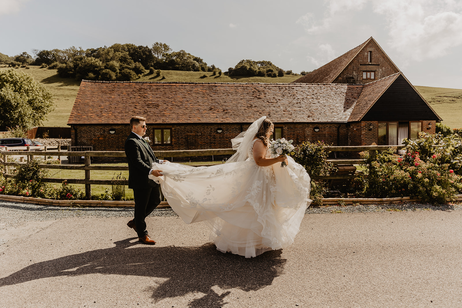 Bride and Groom at a Long Furlong Barn Wedding in Worthing, Sussex. By Olive Joy Photography.