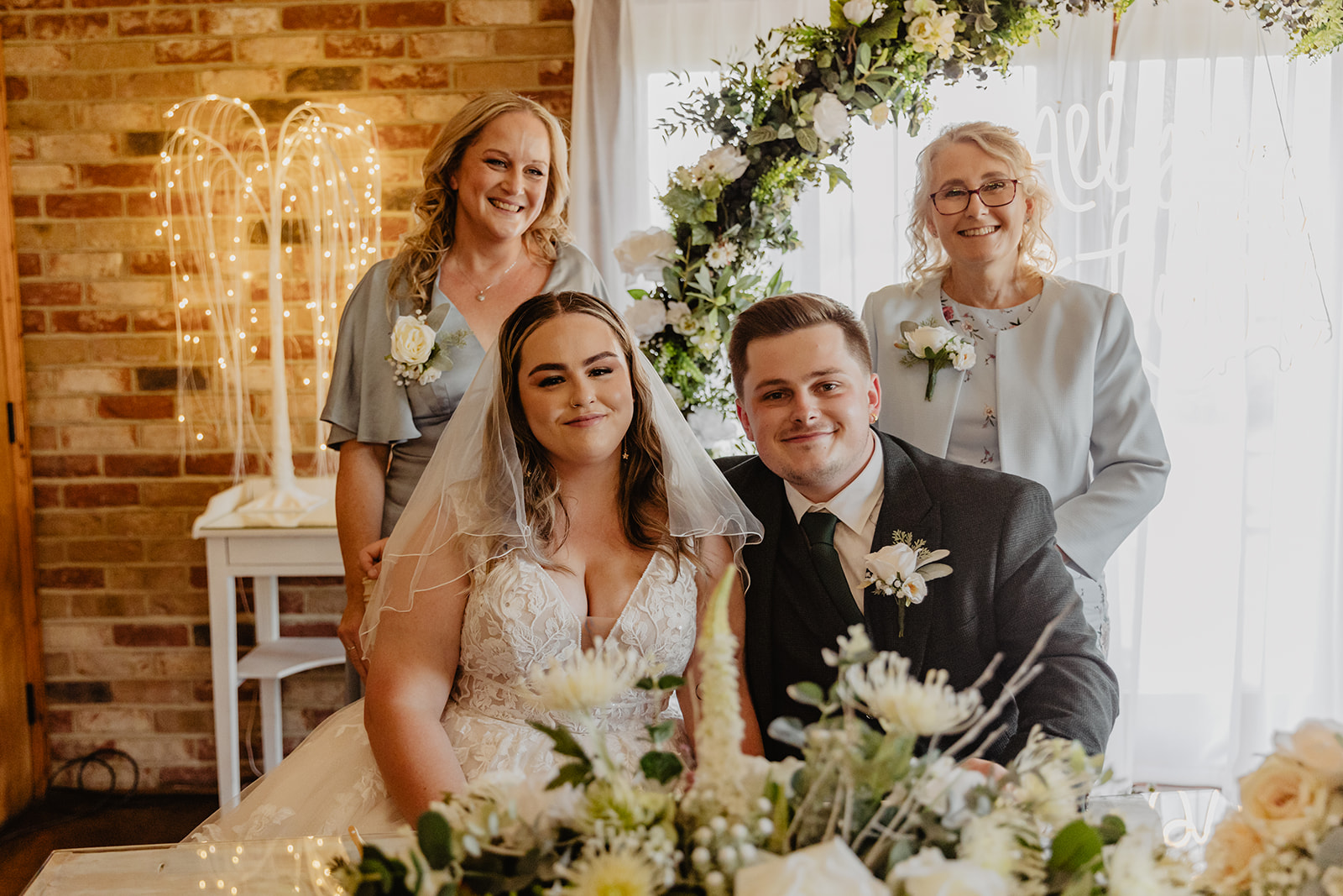 Bride and Groom and witnesses at a Long Furlong Barn Wedding in Worthing, Sussex. By Olive Joy Photography.