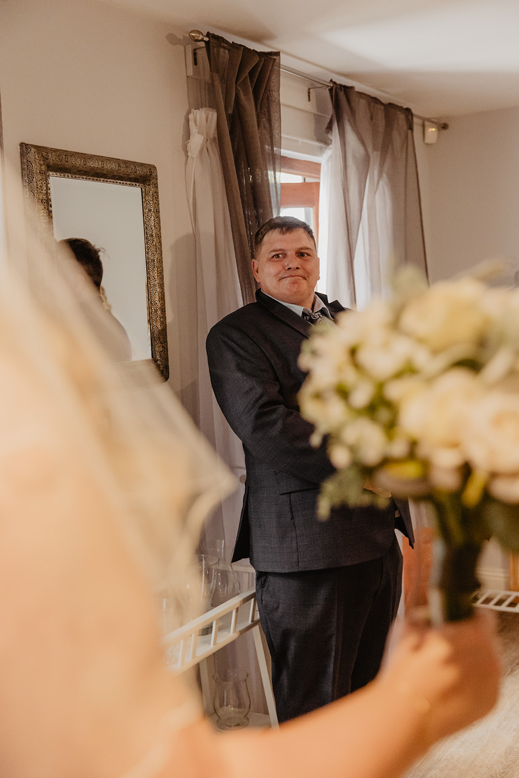 Father of the Bride first look at a Long Furlong Barn Wedding in Worthing, Sussex. By Olive Joy Photography.