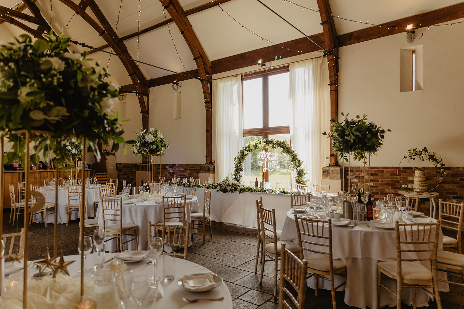 Wedding reception at a Long Furlong Barn Wedding in Worthing, Sussex. By Olive Joy Photography.