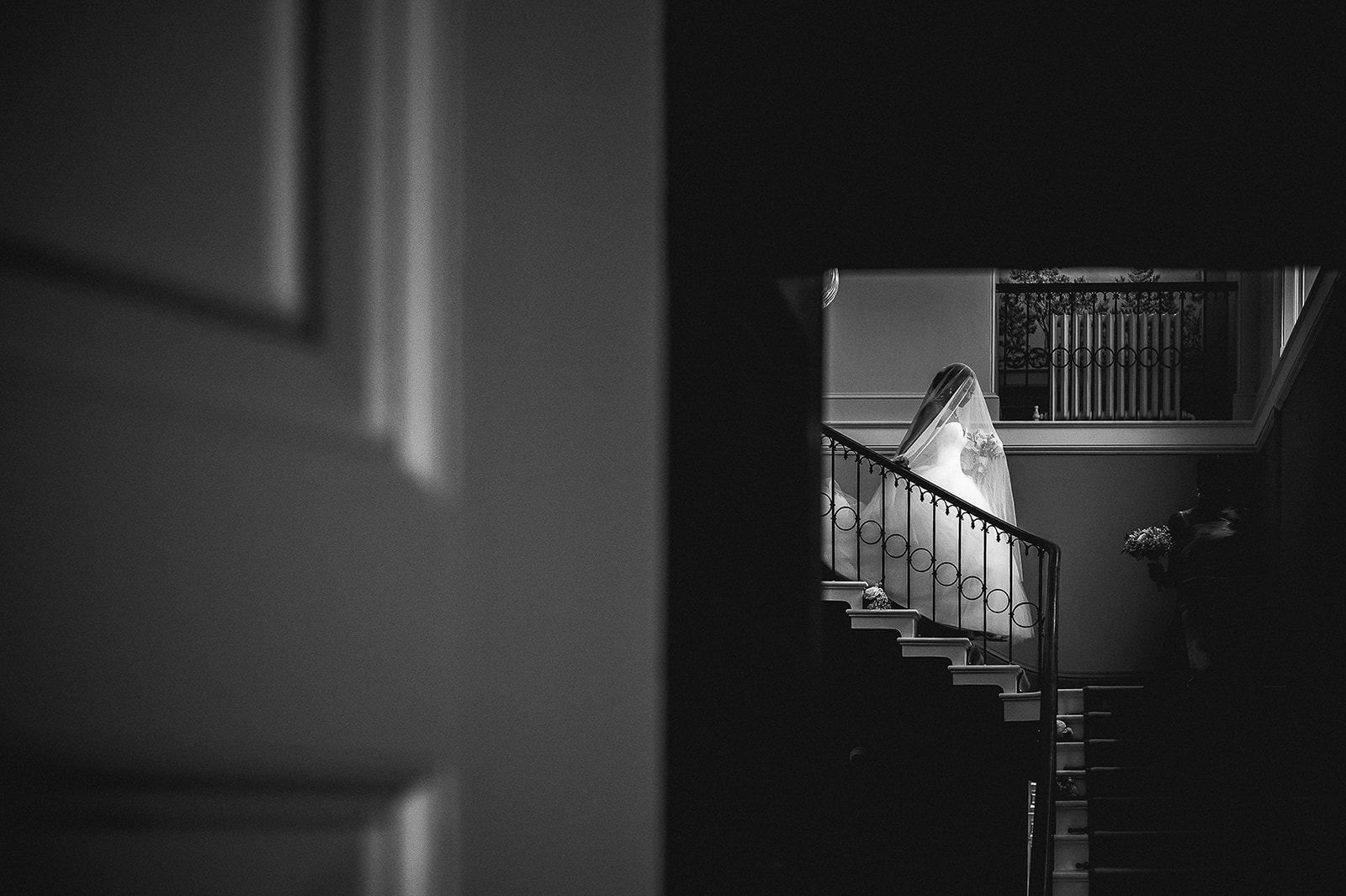 bride walking down the stairs to get married.