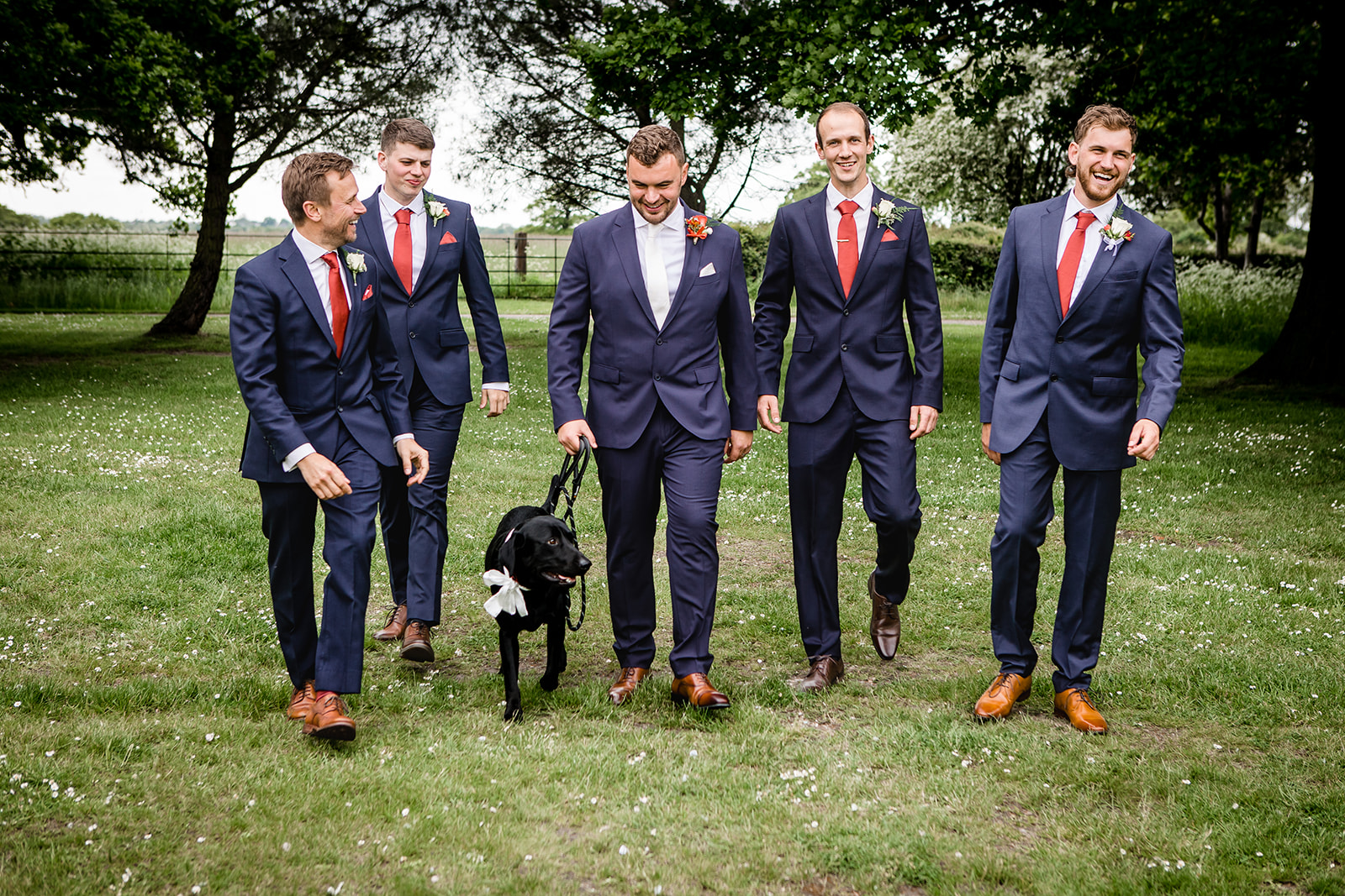 The groom, his dog and and his groomsmen walking