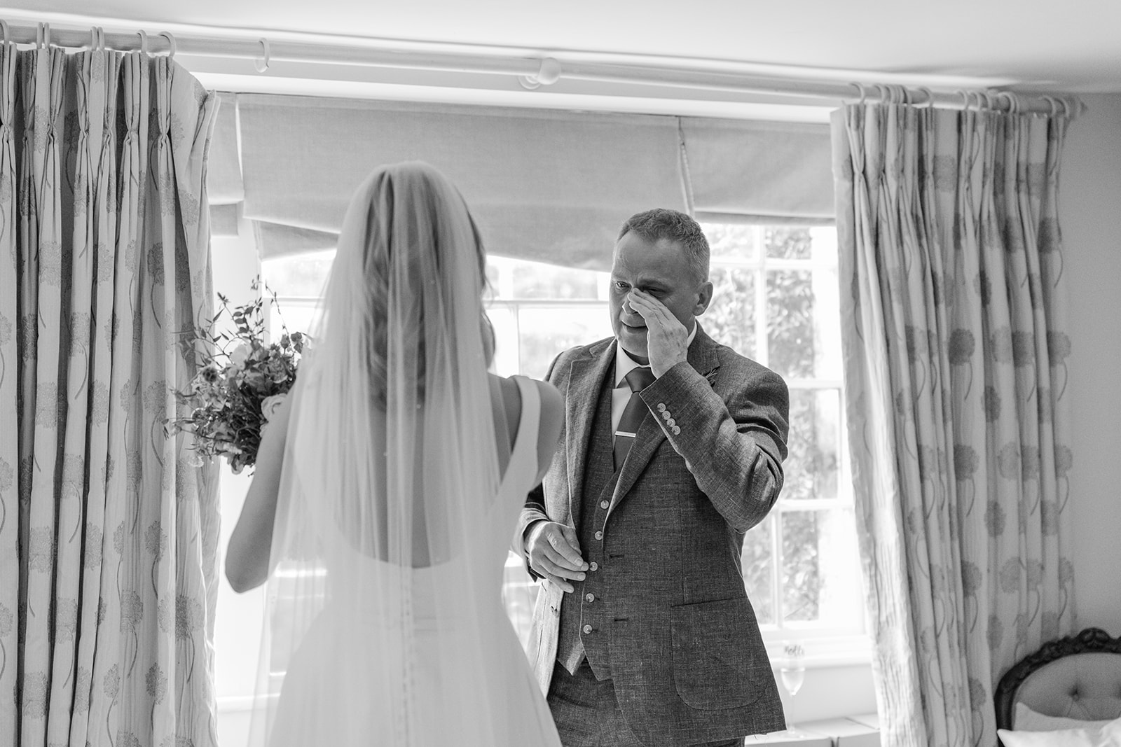 First look for the father of the bride at a Great Tythe Barn Wedding, Cotswolds. By Olive Joy Photography.