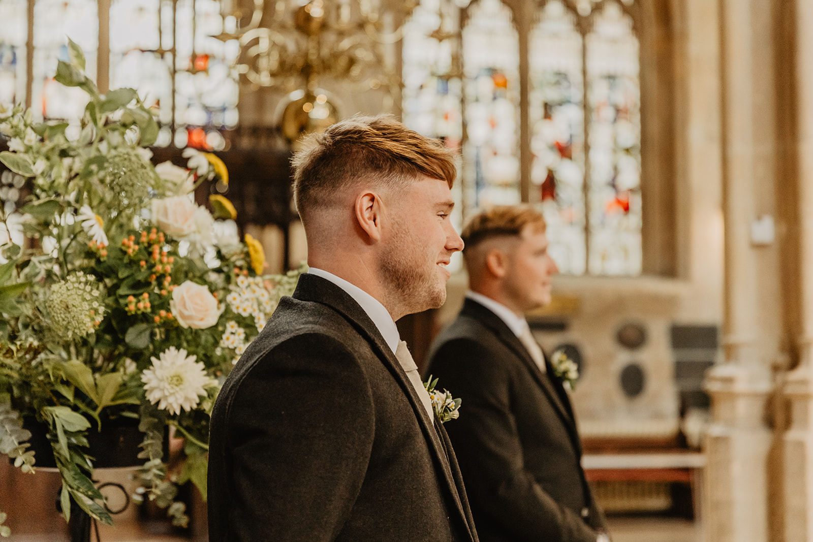 Groom at a Great Tythe Barn Wedding, Cotswolds. By Olive Joy Photography.