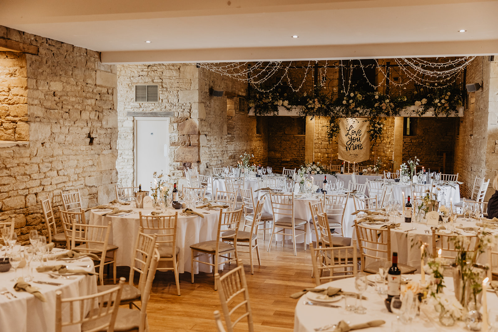 Reception at a Great Tythe Barn Wedding, Cotswolds. By Olive Joy Photography.