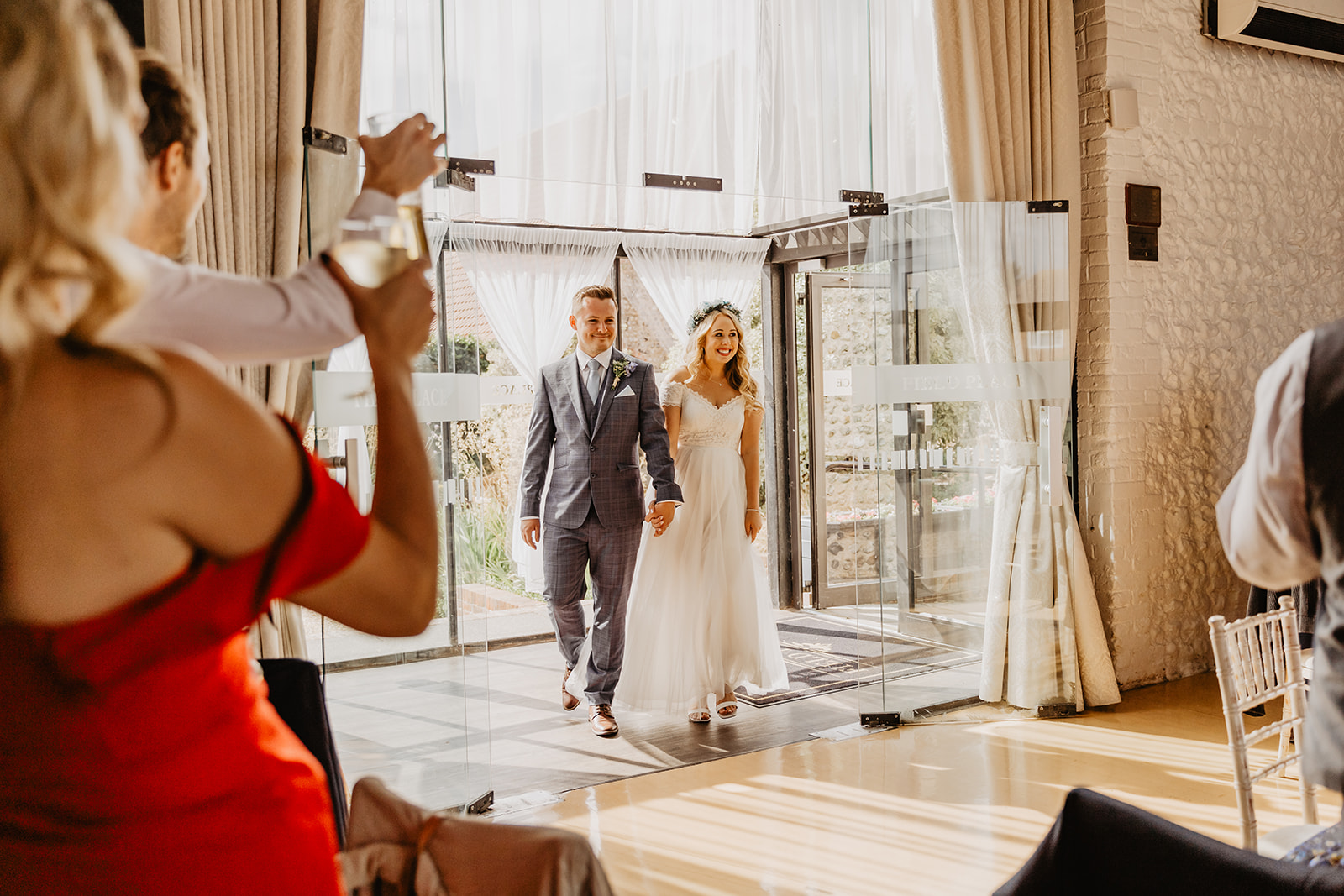 Bride and Groom arriving at Field Place Wedding Worthing, Sussex. By OliveJoy Photography.