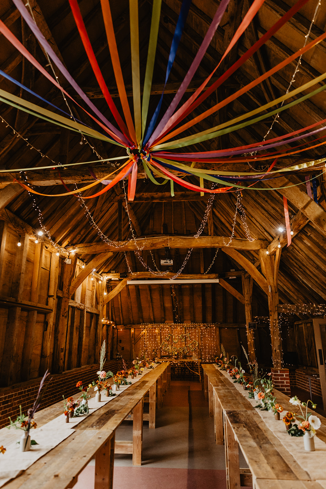 Reception barn at a wedding at Gilbert White's Hampshire. By OliveJoy Photography.