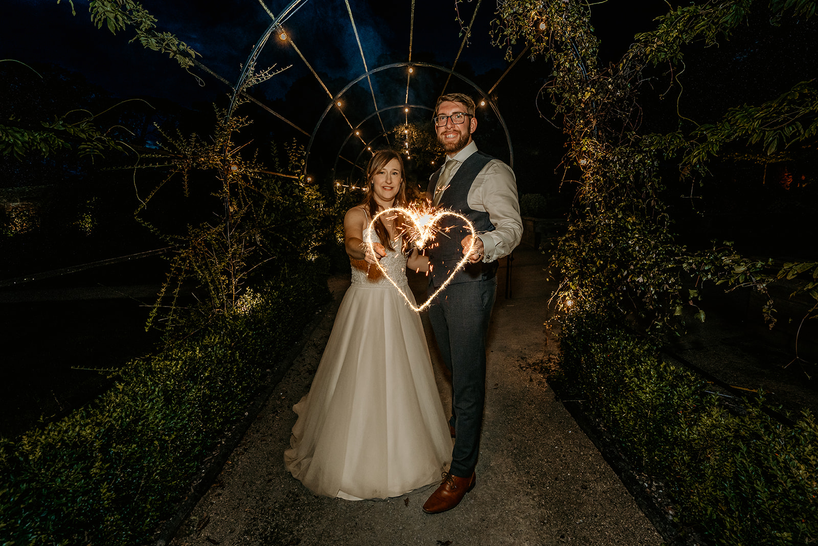 bride and groom with sparklers at Thorpe Gardens wedding