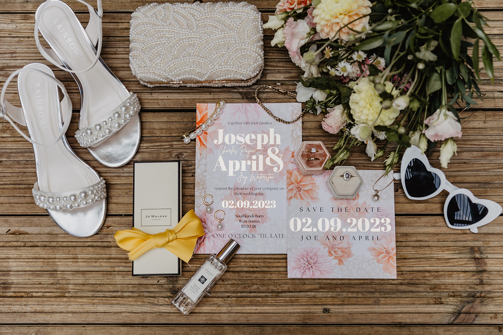 Bride accessory flatlay at a Southlands barn wedding, Sussex. Photo by OliveJoy Photography.