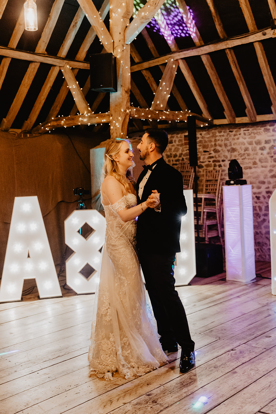 Bride and groom first dance at a Southlands barn wedding, Sussex. Photo by OliveJoy Photography.