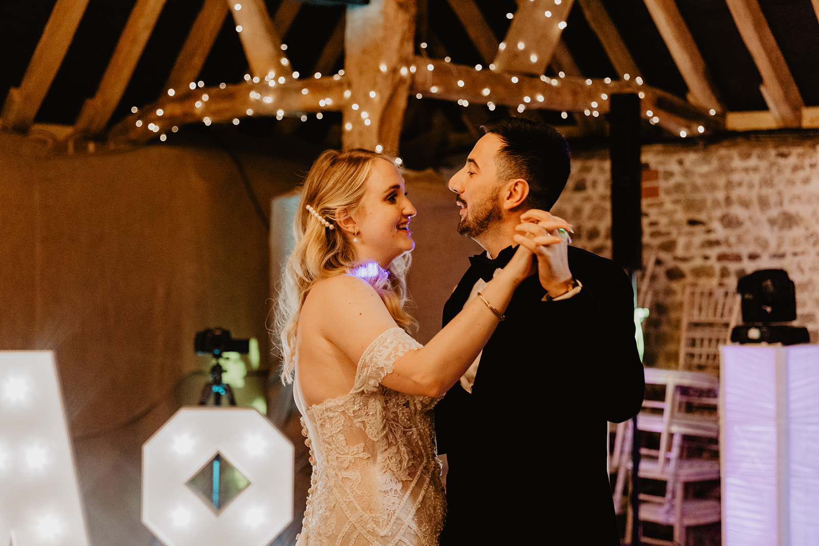Bride and groom first dance at a Southlands barn wedding, Sussex. Photo by OliveJoy Photography.