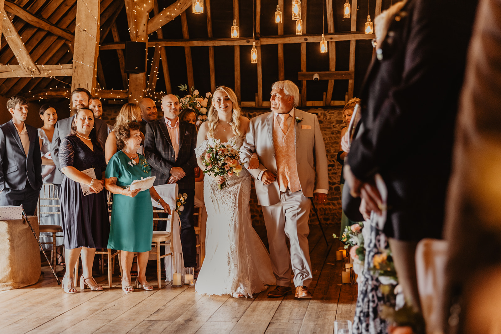 Bride and her father walking down the aisle at a Southlands barn wedding, Sussex. Photo by OliveJoy Photography.