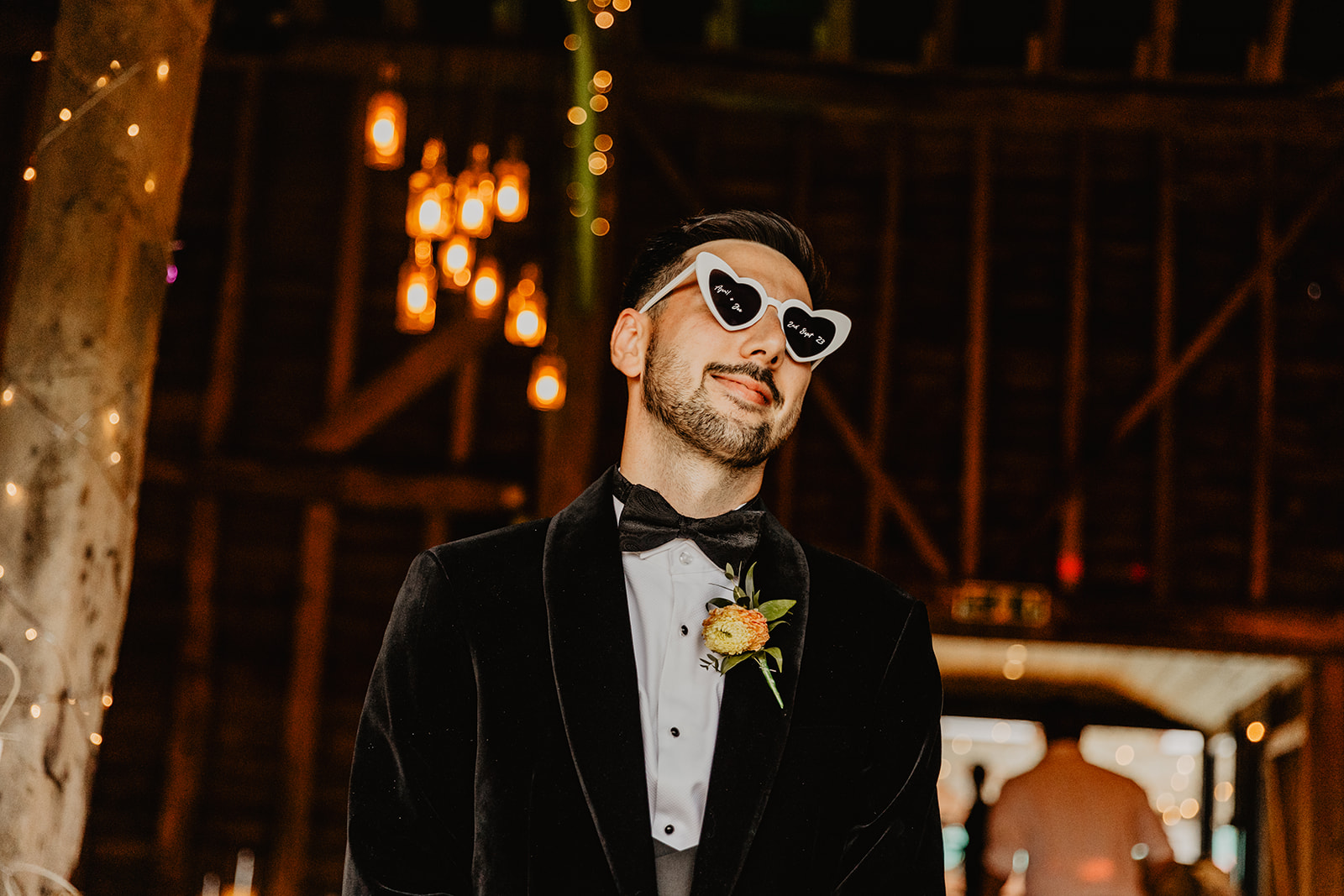 Groom with sunglasses at a Southlands barn wedding, Sussex. Photo by OliveJoy Photography.