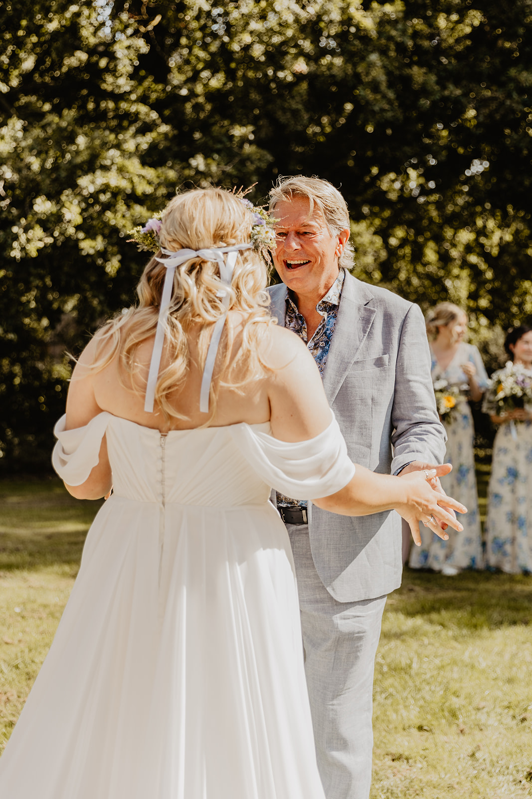 Bride sees her father at a wedding at Mac's Farm in Sussex. By OliveJoy Photography.
