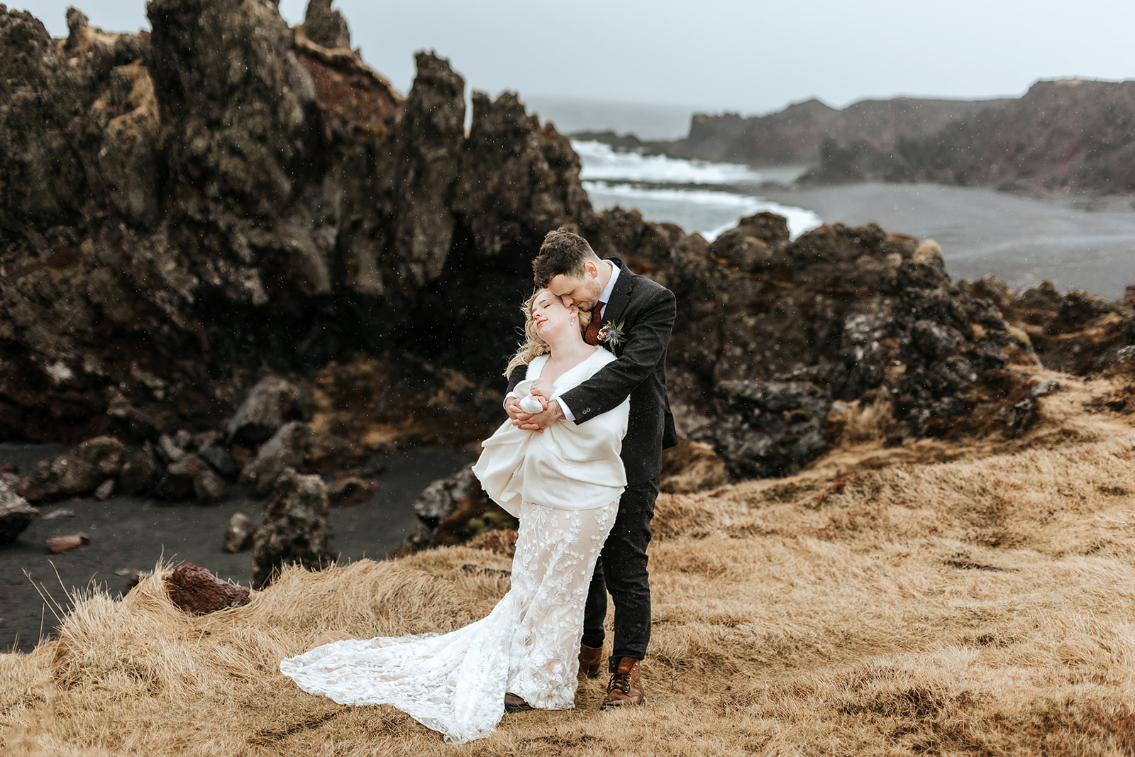 Newlywed couple on their adventure elopement day on a lava field in Iceland