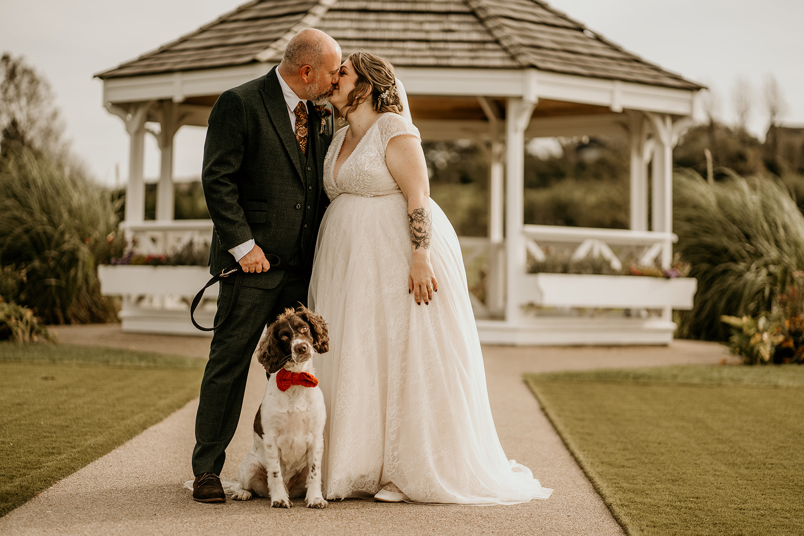 bride, groom and dog at peak edge hotel