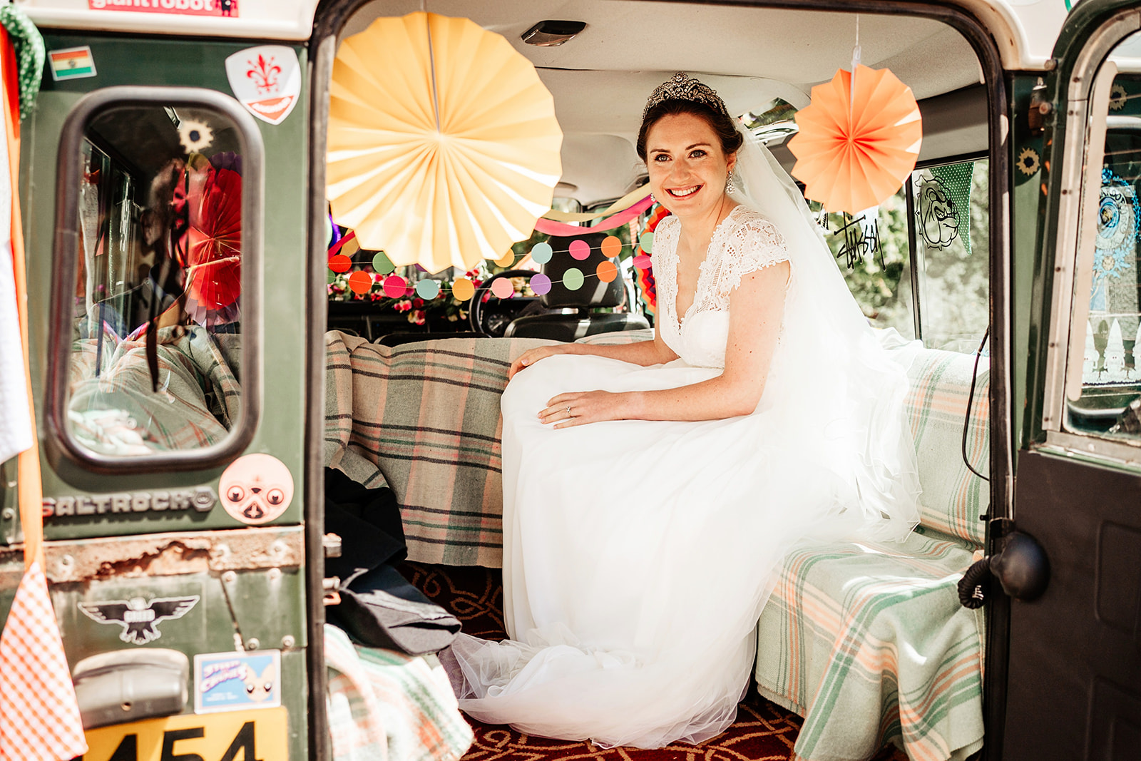 bride in land rover wedding car