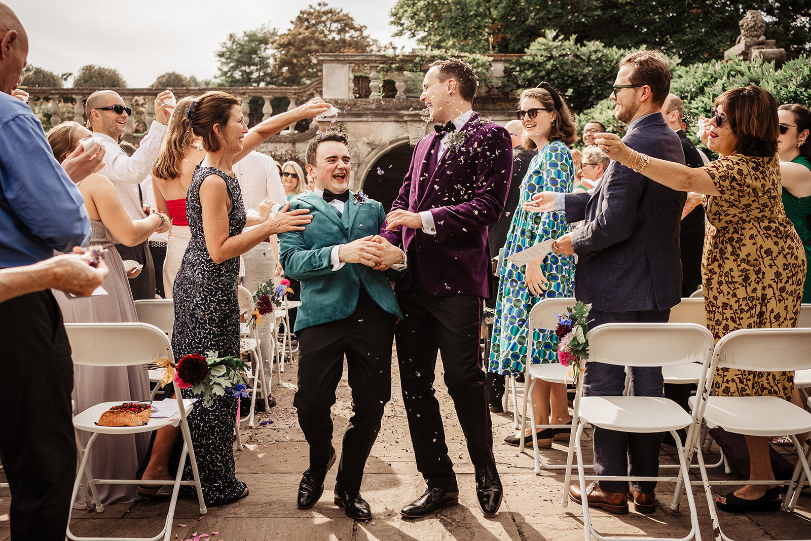 two grooms confetti wedding Mount Ephraim Gardens