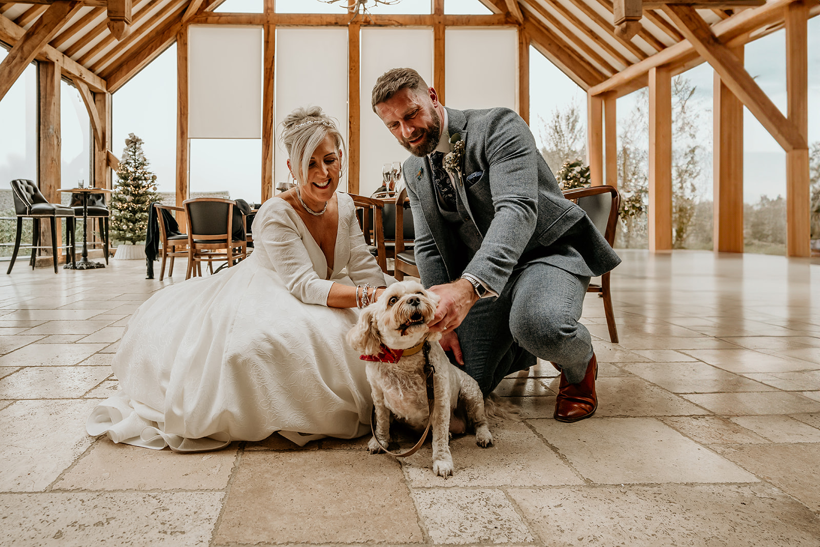 bride and groom with dog at swancar farm wedding 