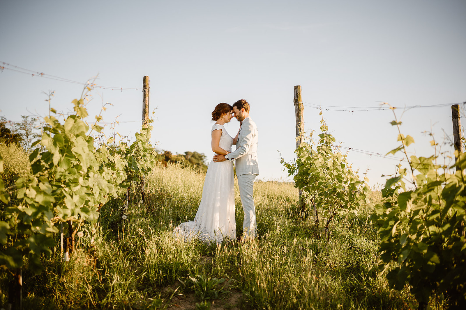 bride and groom in the vineyards of Piedmont during their wedding photo shoot in Italy