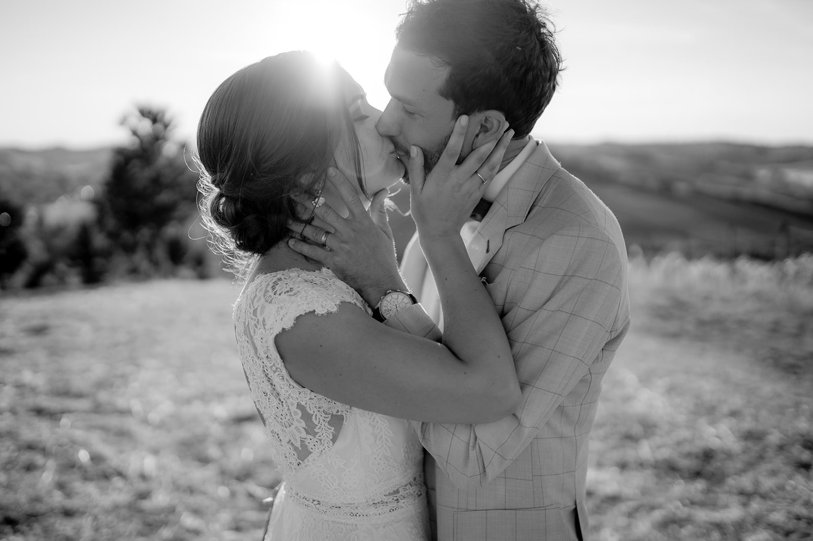 romantic black and white portrait of bride and groom during their wedding photo shoot