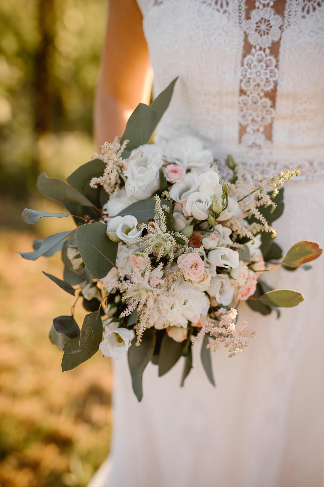 bridal bouquet for a wedding in Italy, with roses and eucalyptus